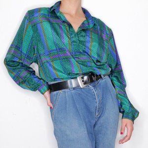 Vintage 80s Mister Leonard Green Plaid Button Down Blouse Size L Unisex